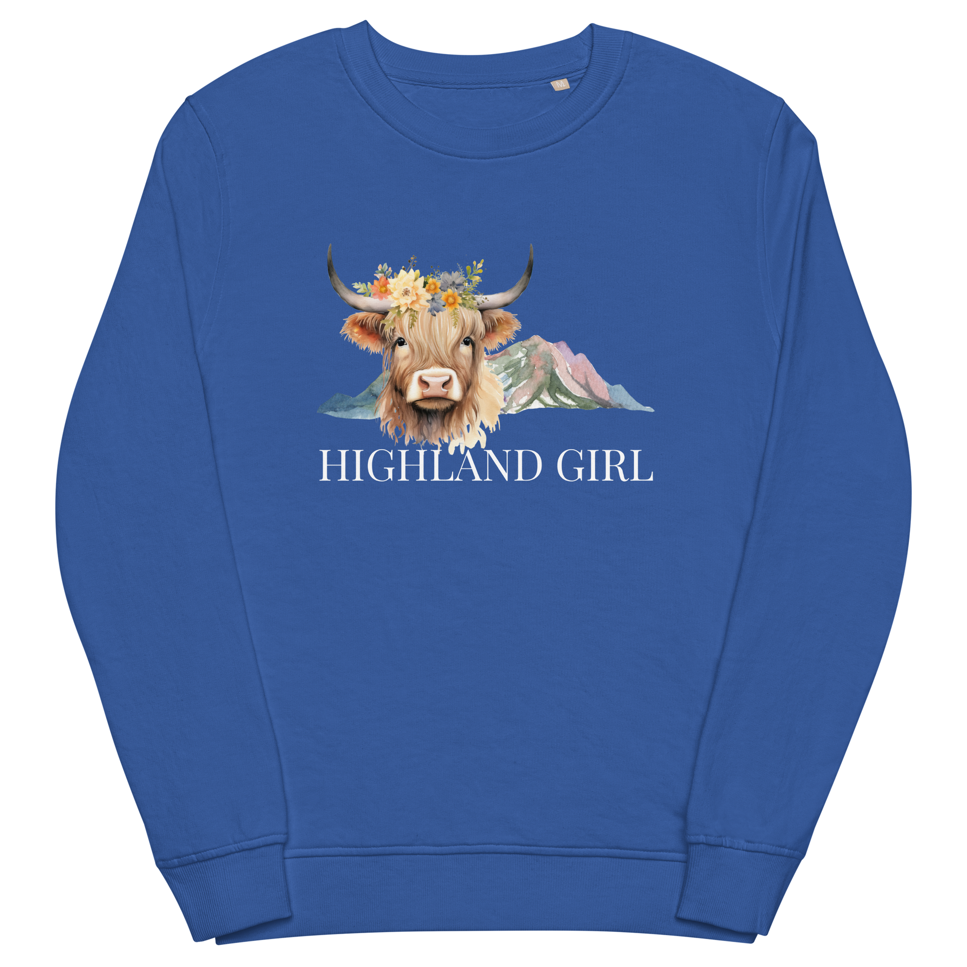 Royal Blue Organic Cotton Highland Cow Sweatshirt showcasing an adorable Highland Girl graphic on the chest - Cute Graphic Highland Cow Sweatshirts - Boozy Fox
