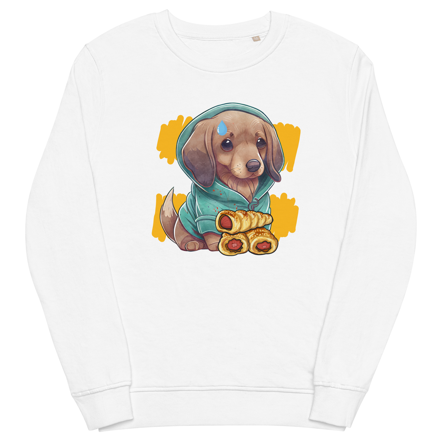 White Organic Cotton Sausage Dog Sweatshirt featuring a delightful Sausage Roll Dachshund graphic on the chest - Funny Dachshund Graphic Sweatshirts - Boozy Fox