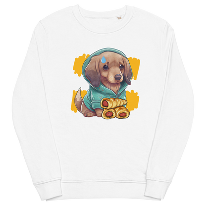 White Organic Cotton Sausage Dog Sweatshirt featuring a delightful Sausage Roll Dachshund graphic on the chest - Funny Dachshund Graphic Sweatshirts - Boozy Fox