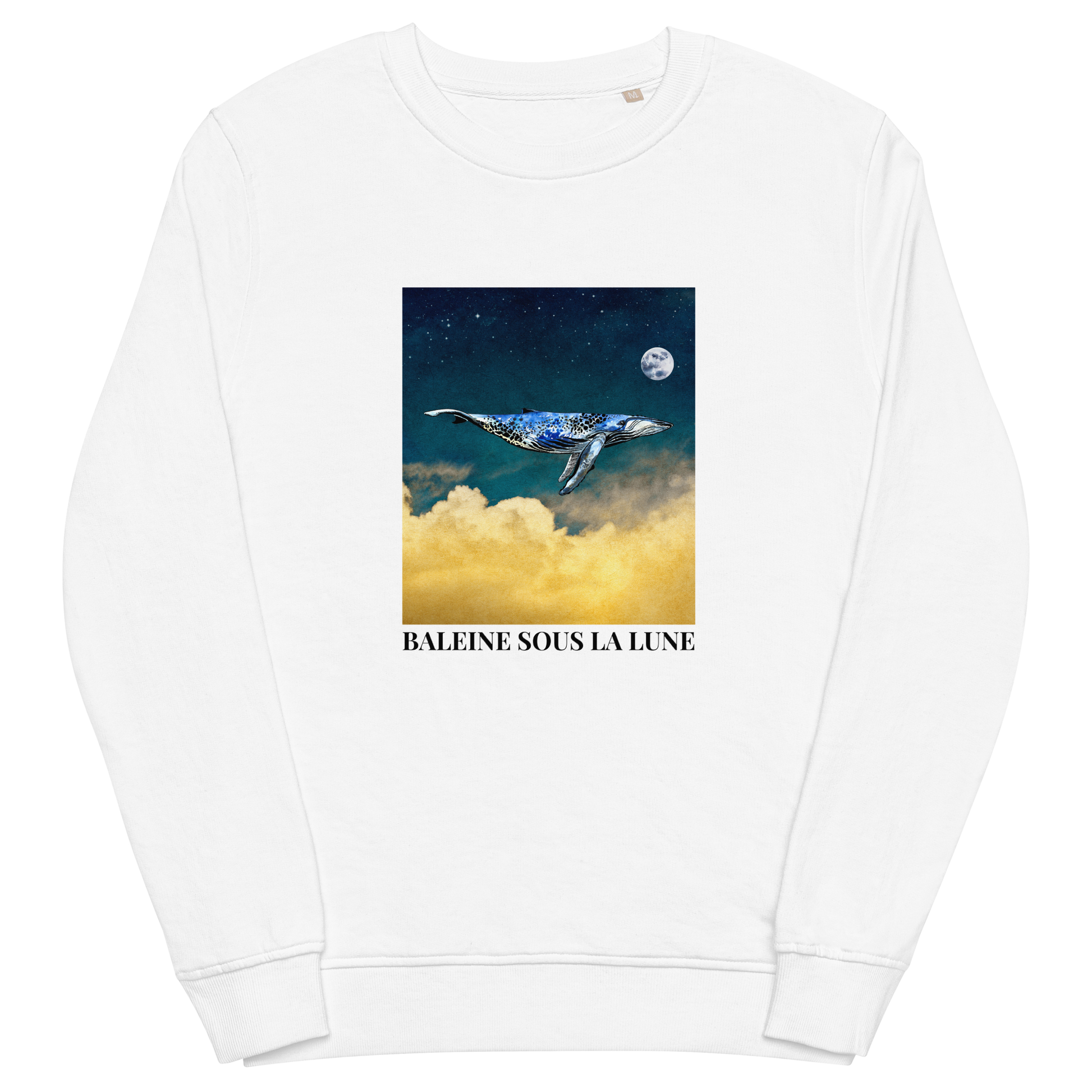 White Organic Cotton Whale Sweatshirt showcasing an enchanting Whale Under The Moon graphic on the chest - Cool Whale Graphic Sweatshirts - Boozy Fox