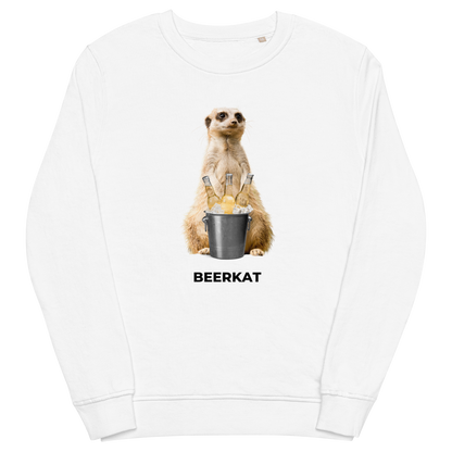 White Organic Cotton Meerkat Sweatshirt featuring a hilarious Beerkat graphic on the chest - Funny Graphic Meerkat Sweatshirts - Boozy Fox