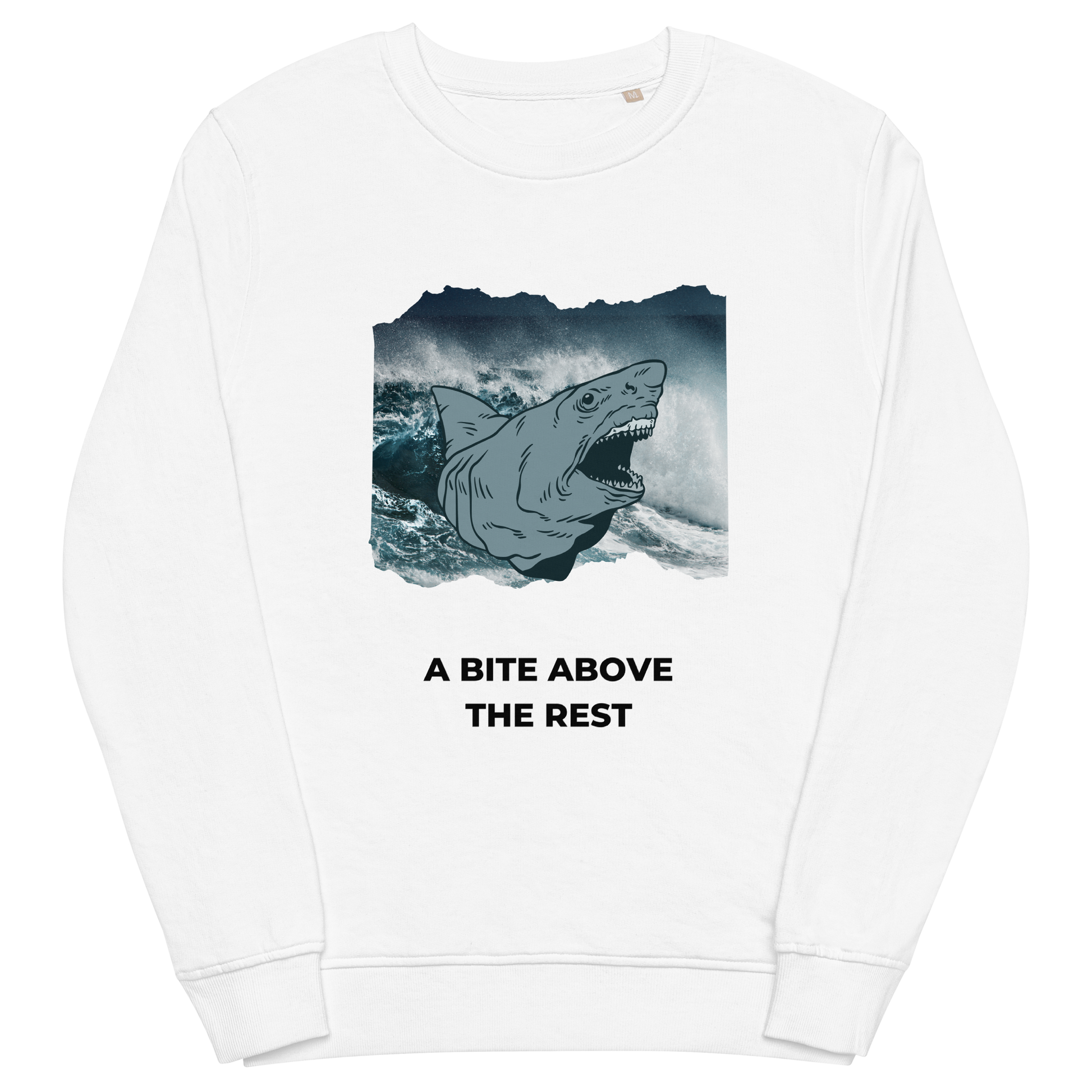 White Organic Cotton Megalodon Sweatshirt featuring the jaw-dropping 'A Bite Above the Rest' graphic on the chest - Funny Graphic Megalodon Sweatshirts - Boozy Fox