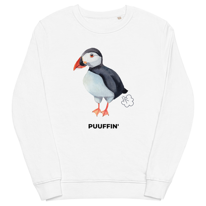 White Organic Cotton Puffin Sweatshirt featuring a comic Puuffin' graphic on the chest - Funny Graphic Puffin Sweatshirts - Boozy Fox