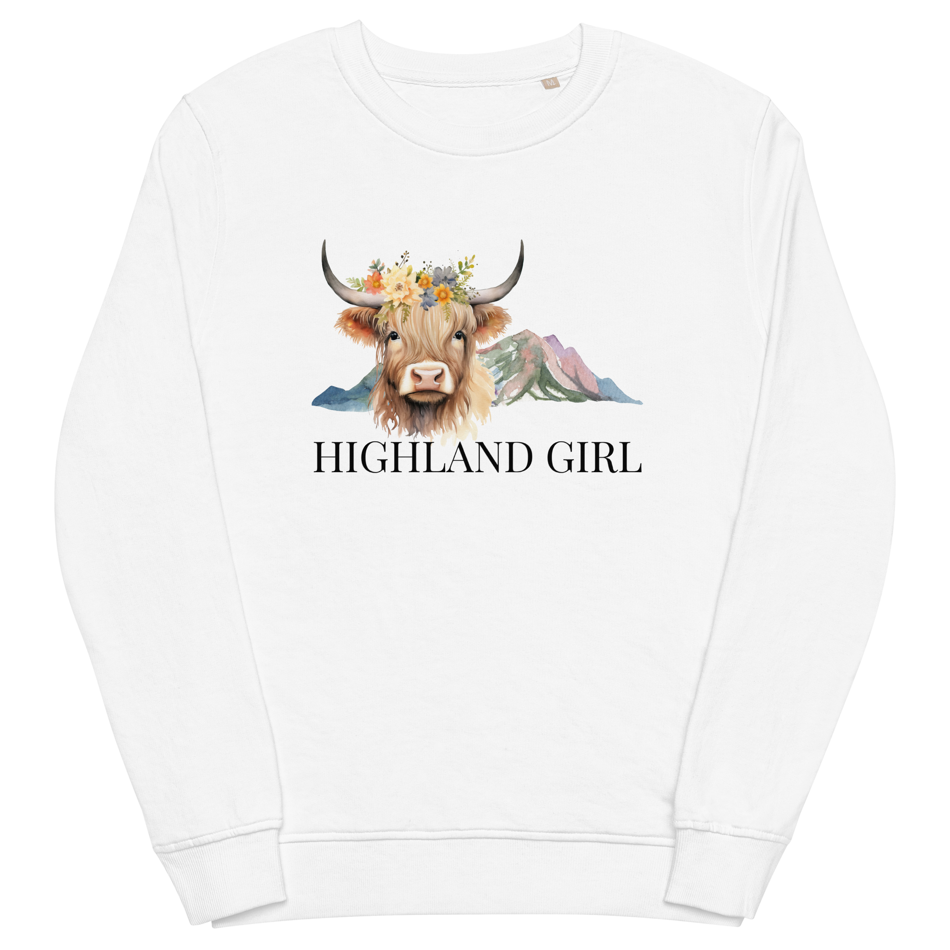 White Organic Cotton Highland Cow Sweatshirt showcasing an adorable Highland Girl graphic on the chest - Cute Graphic Highland Cow Sweatshirts - Boozy Fox