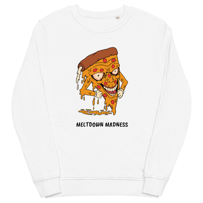 White Organic Cotton Melting Pizza Sweatshirt featuring a Meltdown Madness graphic on the chest - Funny Graphic Pizza Sweatshirts - Boozy Fox