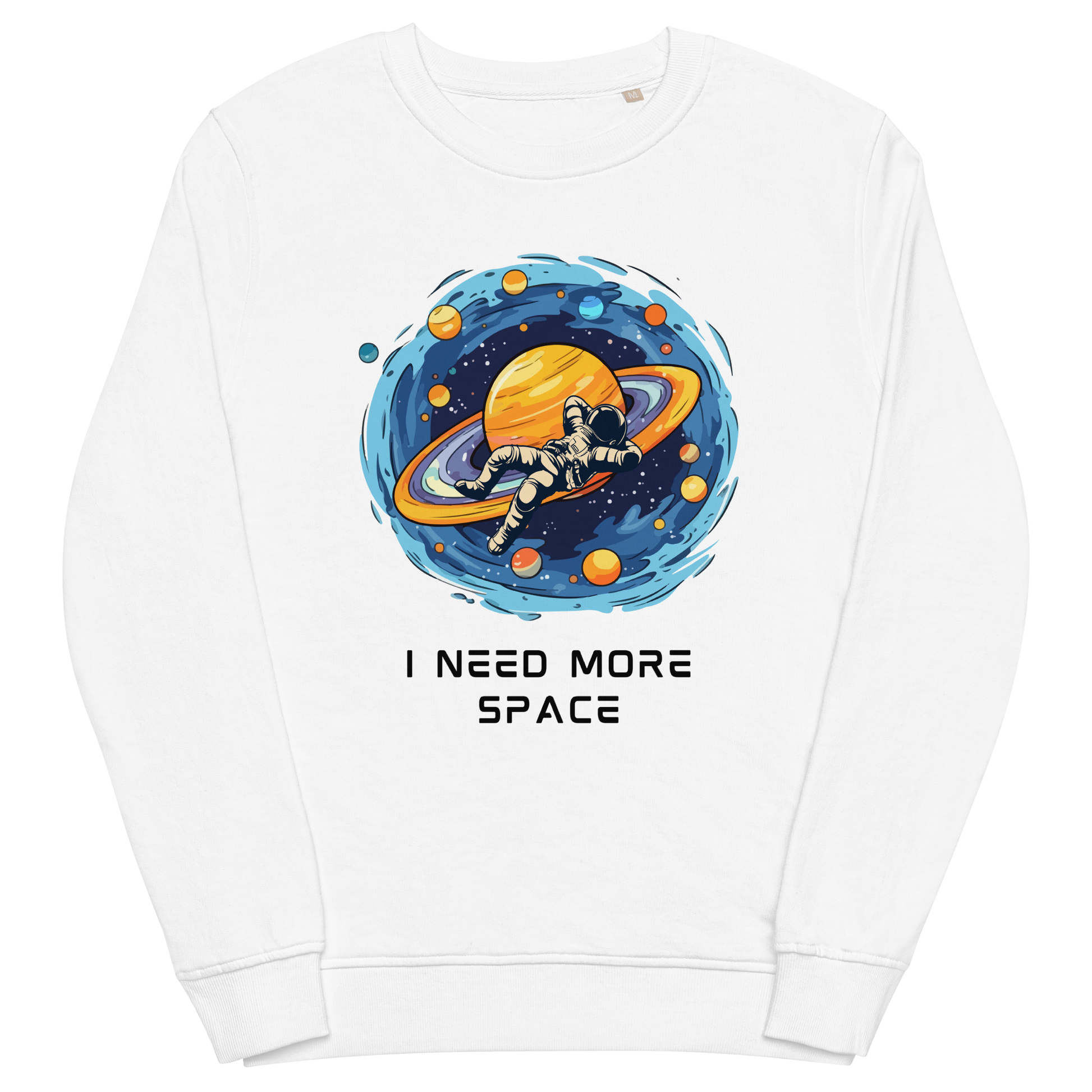 White Organic Cotton Astronaut Sweatshirt featuring a captivating I Need More Space graphic on the chest - Funny Graphic Space Sweatshirts - Boozy Fox