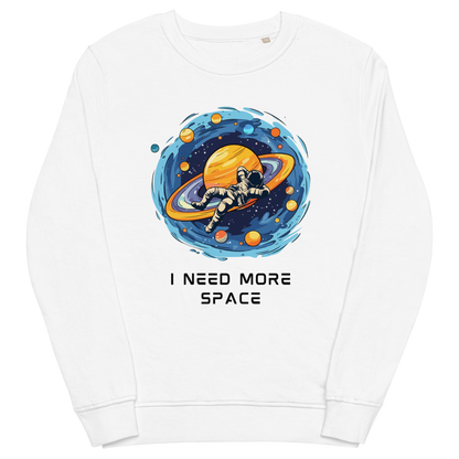White Organic Cotton Astronaut Sweatshirt featuring a captivating I Need More Space graphic on the chest - Funny Graphic Space Sweatshirts - Boozy Fox