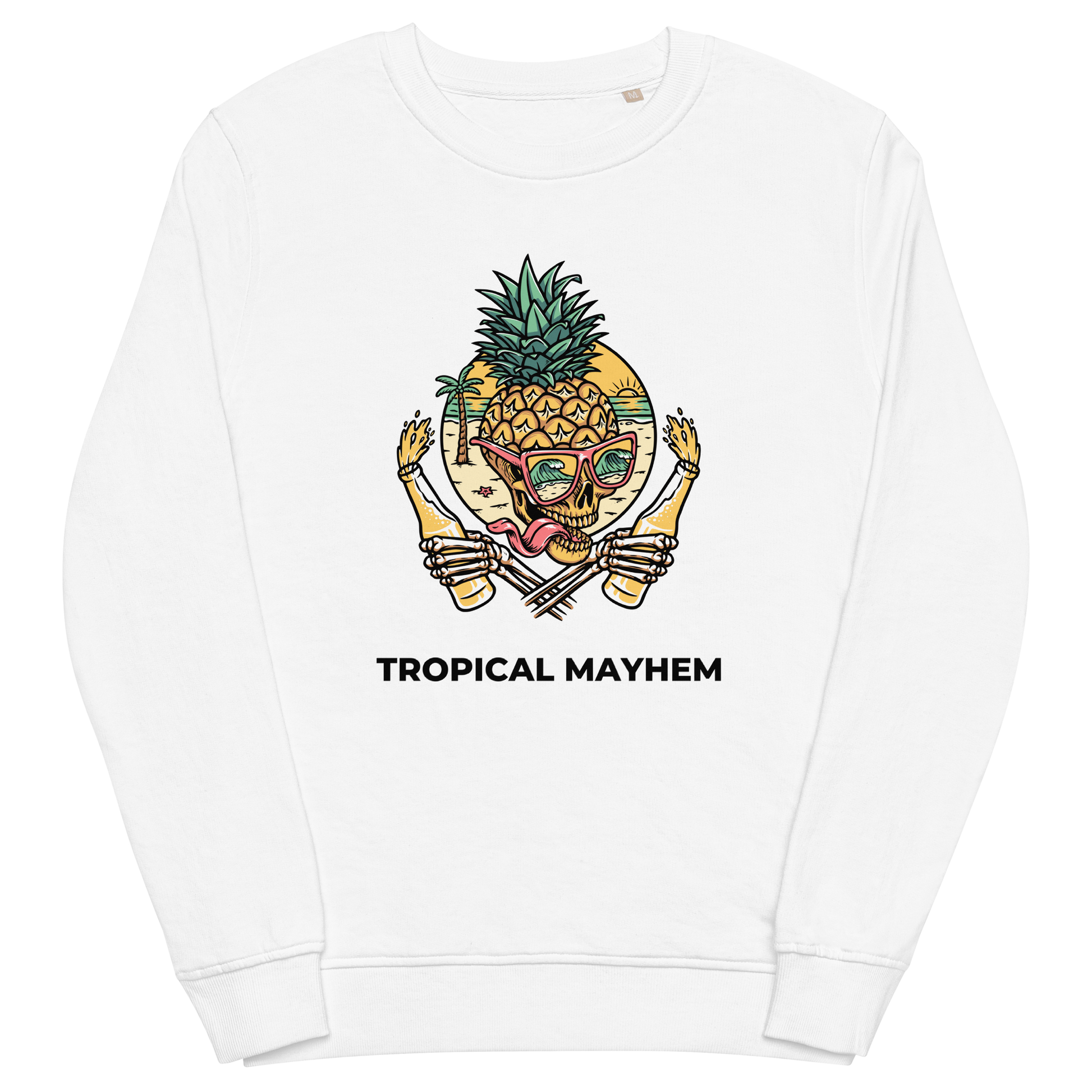 White Organic Cotton Tropical Mayhem Sweatshirt featuring a Crazy Pineapple Skull graphic on the chest - Funny Graphic Pineapple Sweatshirts - Boozy Fox