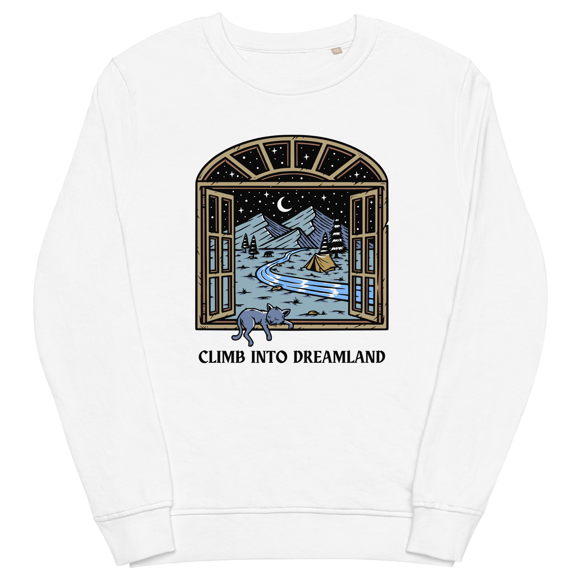 White Organic Cotton Climb Into Dreamland Sweatshirt featuring a mesmerizing mountain view graphic on the chest - Cool Graphic Nature Sweatshirts - Boozy Fox