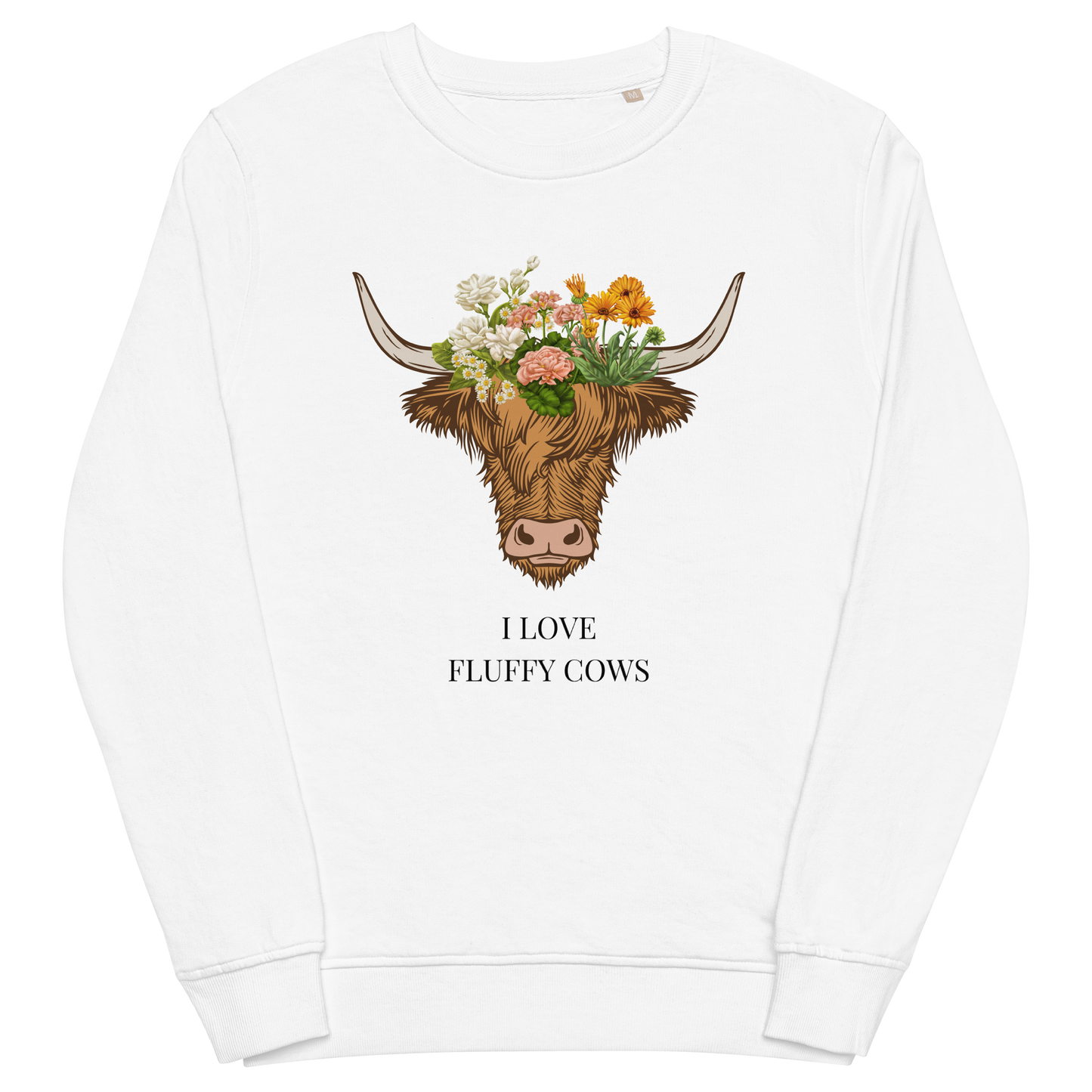 White Organic Cotton Highland Cow Sweatshirt featuring an adorable I Love Fluffy Cows graphic on the chest - Cute Graphic Highland Cow Sweatshirts - Boozy Fox