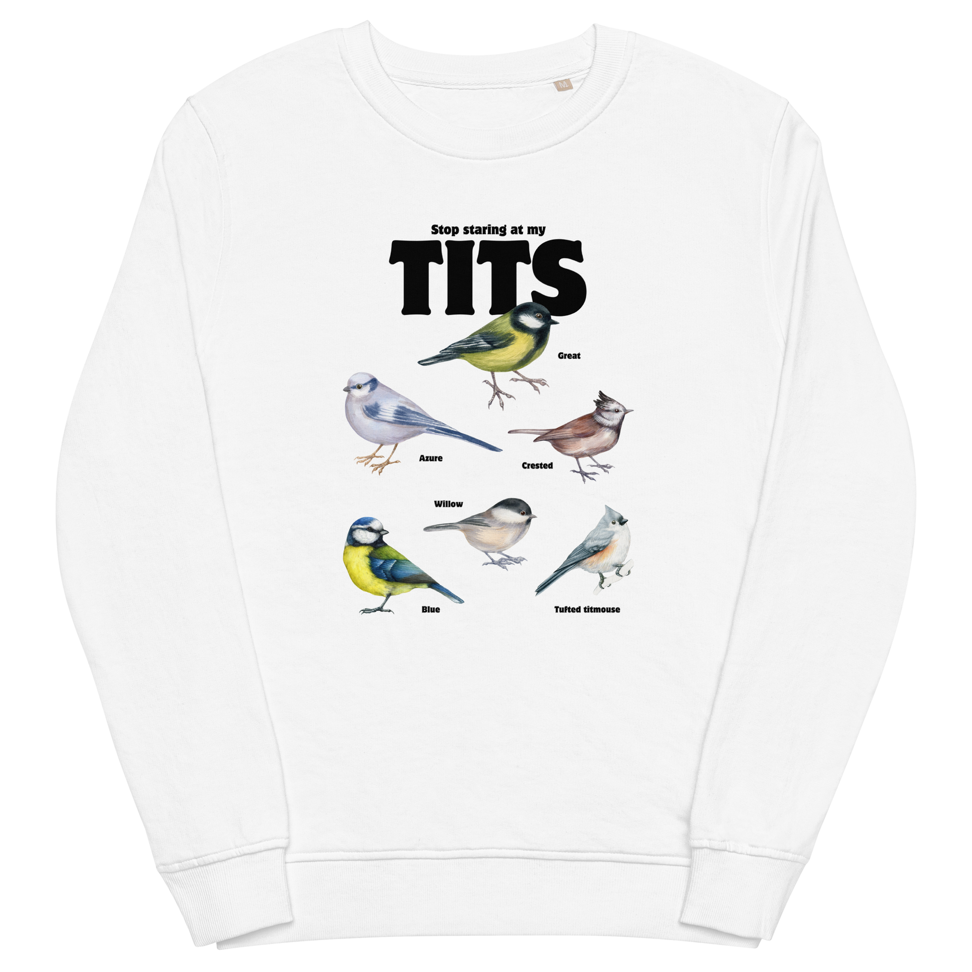 White Organic Cotton Tit Sweatshirt featuring a funny Stop Staring At My Tits graphic on the chest - Funny Graphic Tit Bird Sweatshirts - Boozy Fox