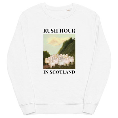 White Sheep Organic Sweatshirt featuring a comical Rush Hour In Scotland graphic on the chest - Artsy & Funny Graphic Sheep Sweatshirts - Boozy Fox