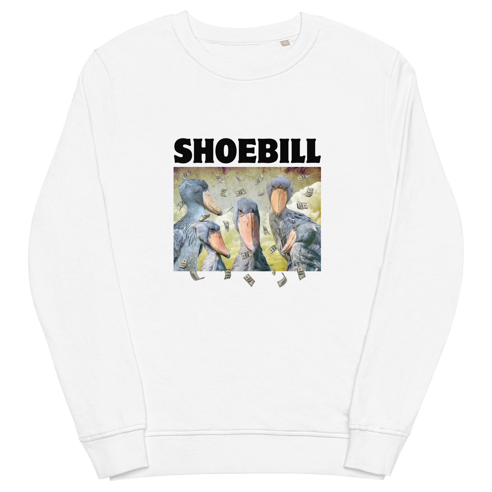 White Shoebill Organic Sweatshirt featuring a cool Shoebill graphic on the chest - ArtsyFunny Graphic Shoebill Stork Sweatshirts - Boozy Fox