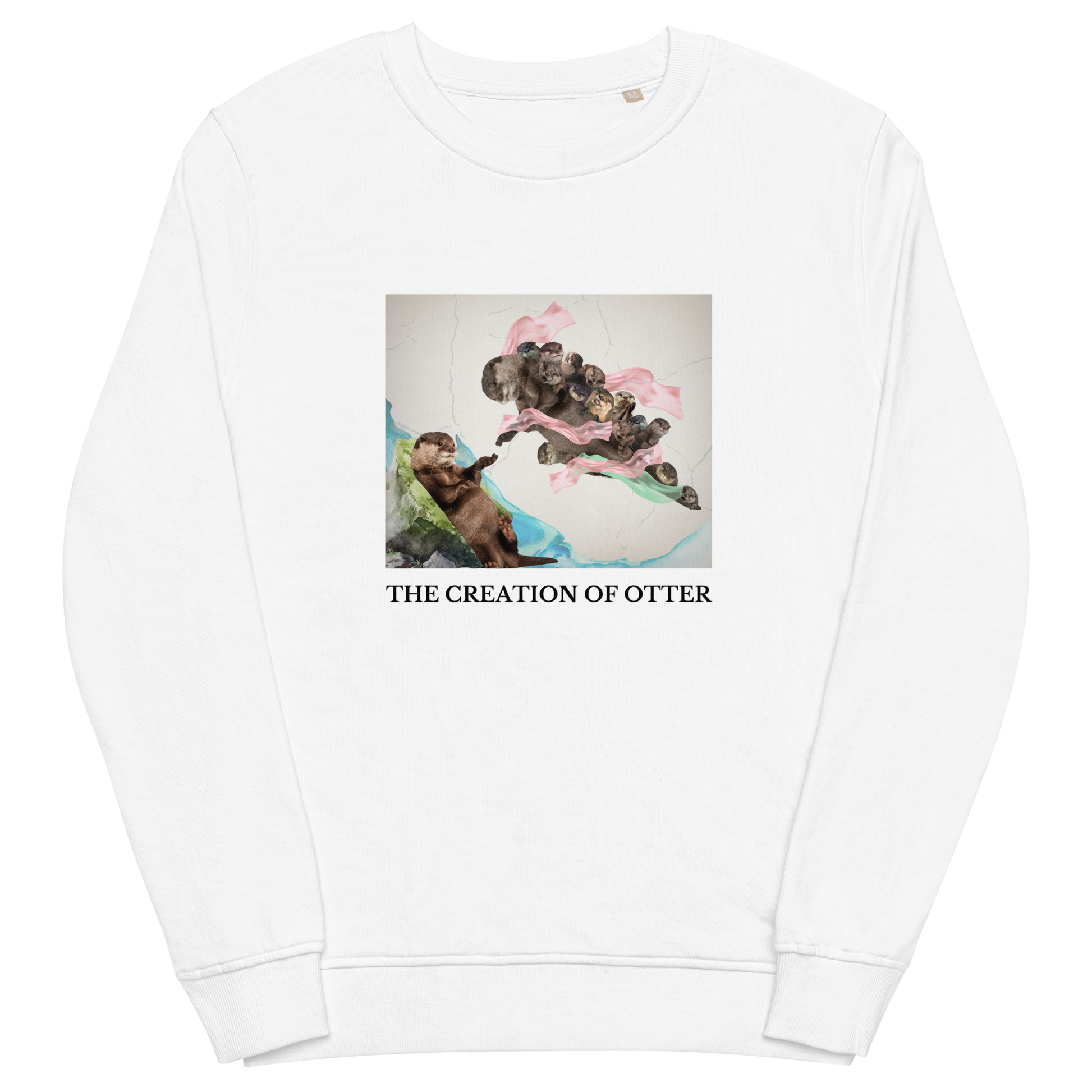 White Organic Otter Sweatshirt featuring a playful The Creation of Otter parody of Michelangelo's masterpiece - Artsy/Funny Graphic Otter Sweatshirts - Boozy Fox