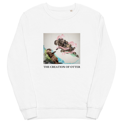 White Organic Otter Sweatshirt featuring a playful The Creation of Otter parody of Michelangelo's masterpiece - Artsy/Funny Graphic Otter Sweatshirts - Boozy Fox