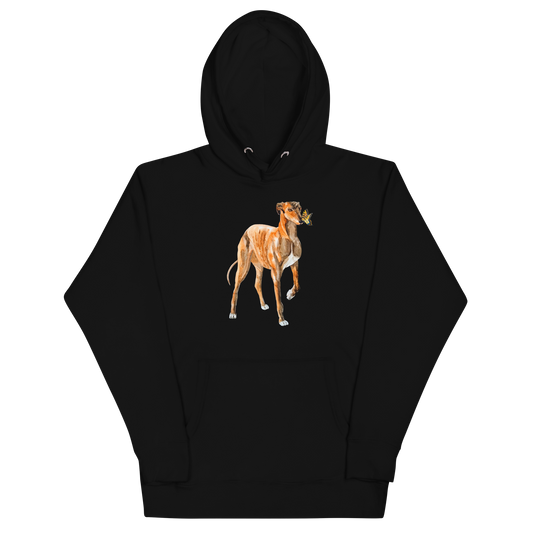 Black Premium Greyhound Hoodie featuring an adorable Greyhound And Butterfly graphic on the chest - Cute Graphic Greyhound Hoodies - Boozy Fox