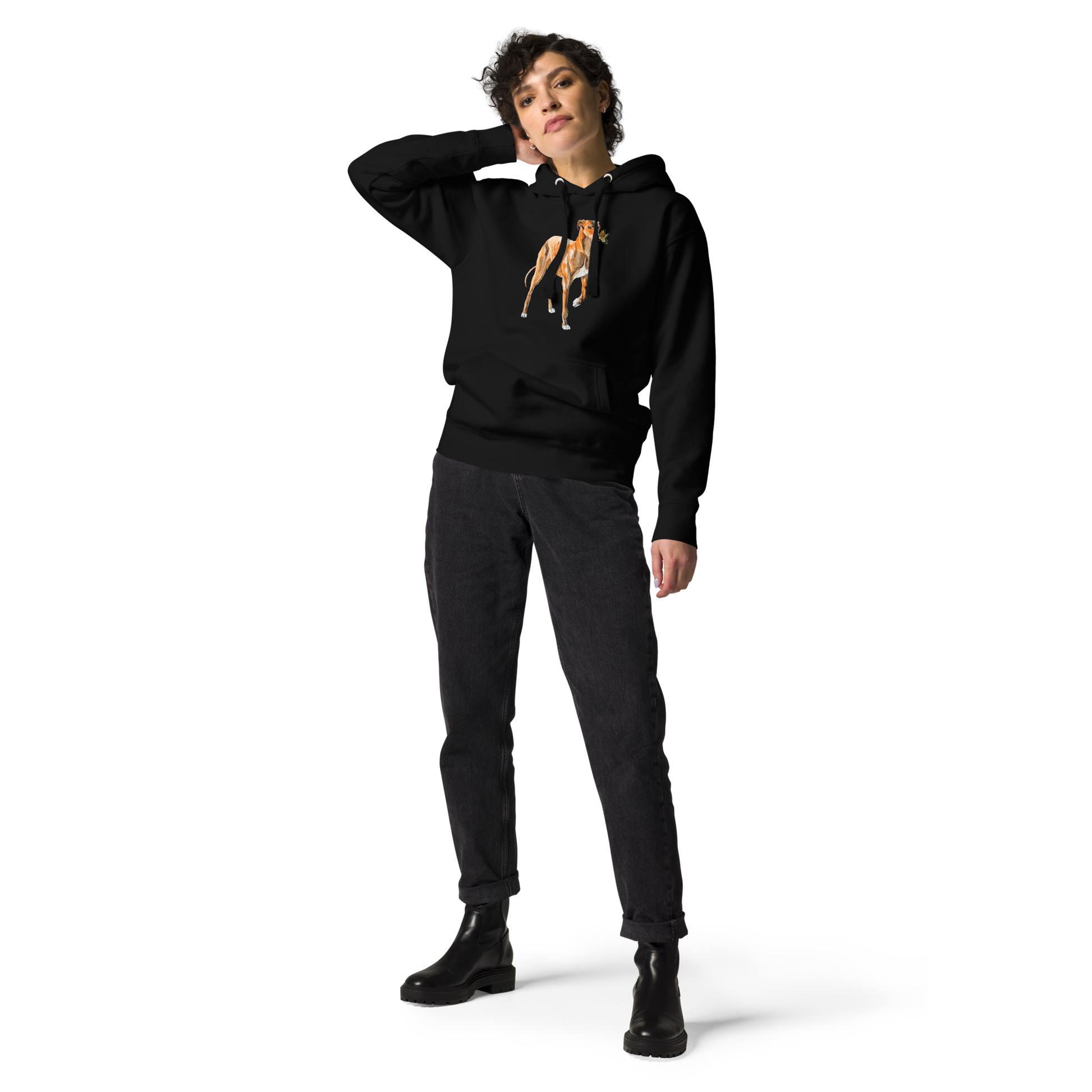 Woman wearing a Black Premium Greyhound Hoodie featuring an adorable Greyhound And Butterfly graphic on the chest - Cute Graphic Greyhound Hoodies - Boozy Fox
