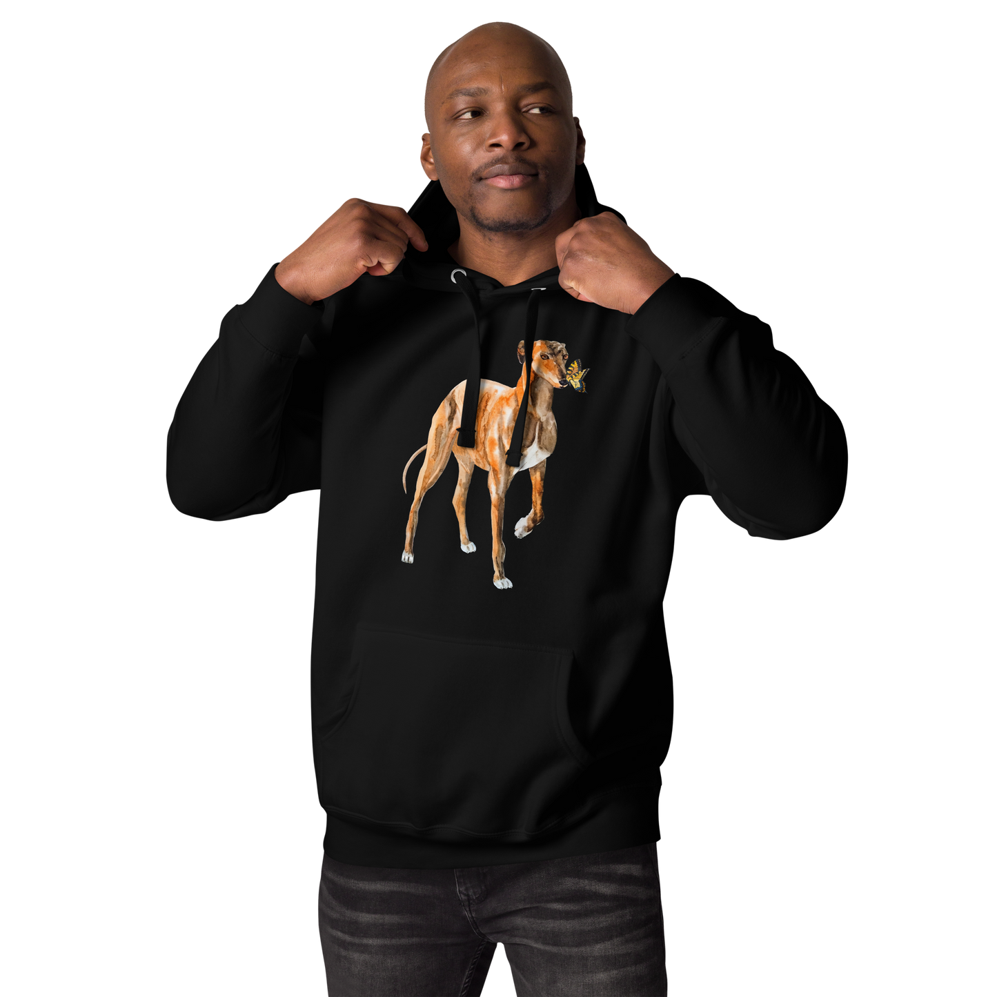 Man wearing a Black Premium Greyhound Hoodie featuring an adorable Greyhound And Butterfly graphic on the chest - Cute Graphic Greyhound Hoodies - Boozy Fox