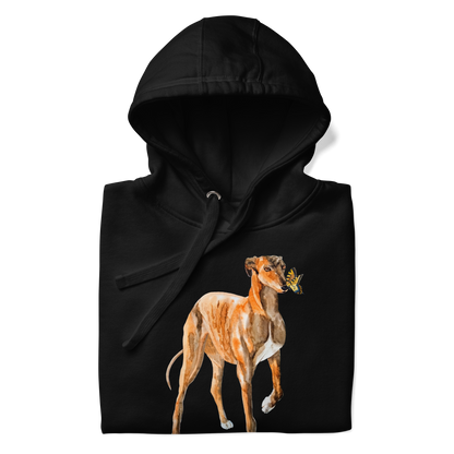 Front details of a Black Premium Greyhound Hoodie featuring an adorable Greyhound And Butterfly graphic on the chest - Cute Graphic Greyhound Hoodies - Boozy Fox
