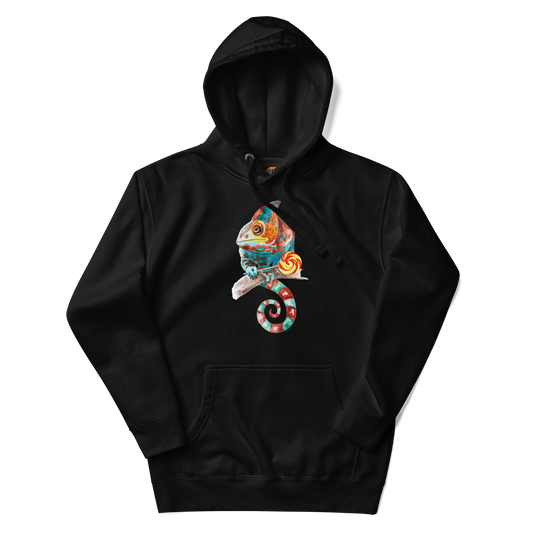 Black Premium Chameleon Hoodie featuring a vibrant Chameleon With A Lollipop graphic on the chest - Cool Graphic Chameleon Hoodies - Boozy Fox