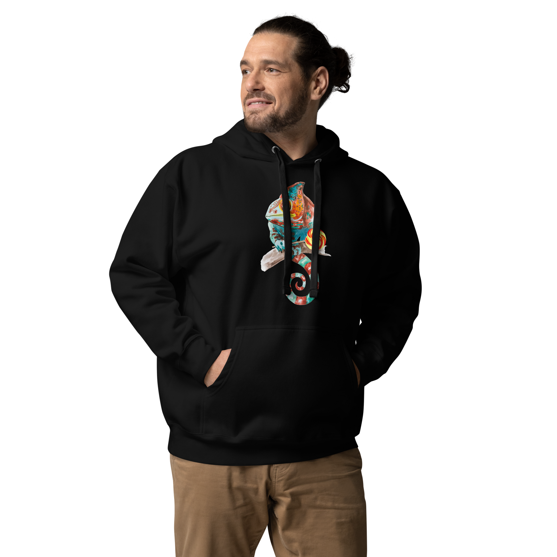 Man wearing a Black Premium Chameleon Hoodie featuring a vibrant Chameleon With A Lollipop graphic on the chest - Cool Graphic Chameleon Hoodies - Boozy Fox