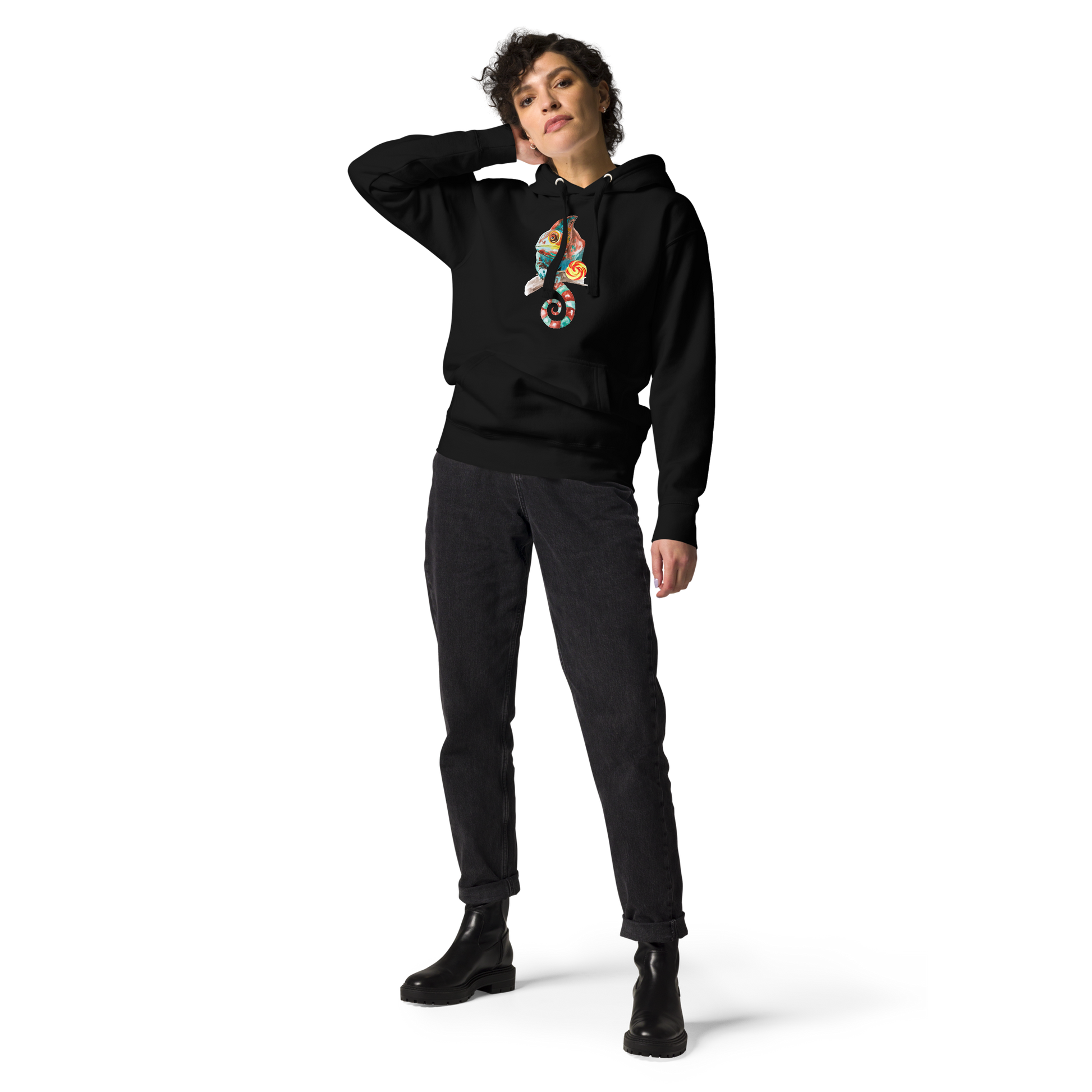 Woman wearing a Black Premium Chameleon Hoodie featuring a vibrant Chameleon With A Lollipop graphic on the chest - Cool Graphic Chameleon Hoodies - Boozy Fox