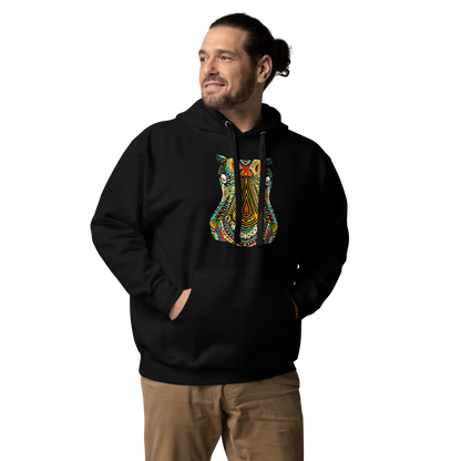 Man wearing a Black Premium Hippo Hoodie featuring a vibrant Zentangle Hippo graphic on the chest - Cool Graphic Hippo Hoodies - Boozy Fox