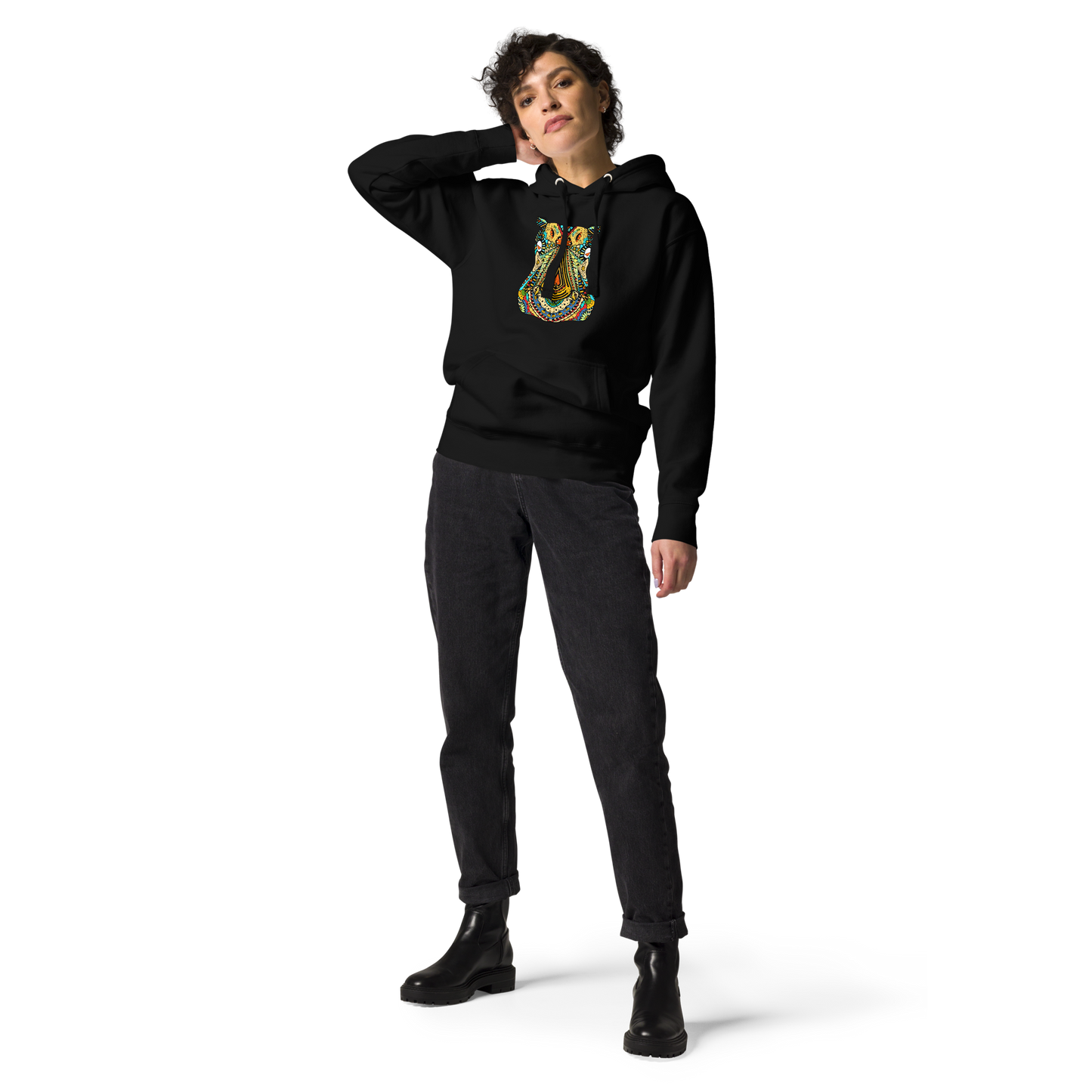 Woman wearing a Black Premium Hippo Hoodie featuring a vibrant Zentangle Hippo graphic on the chest - Cool Graphic Hippo Hoodies - Boozy Fox