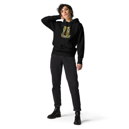 Woman wearing a Black Premium Hippo Hoodie featuring a vibrant Zentangle Hippo graphic on the chest - Cool Graphic Hippo Hoodies - Boozy Fox
