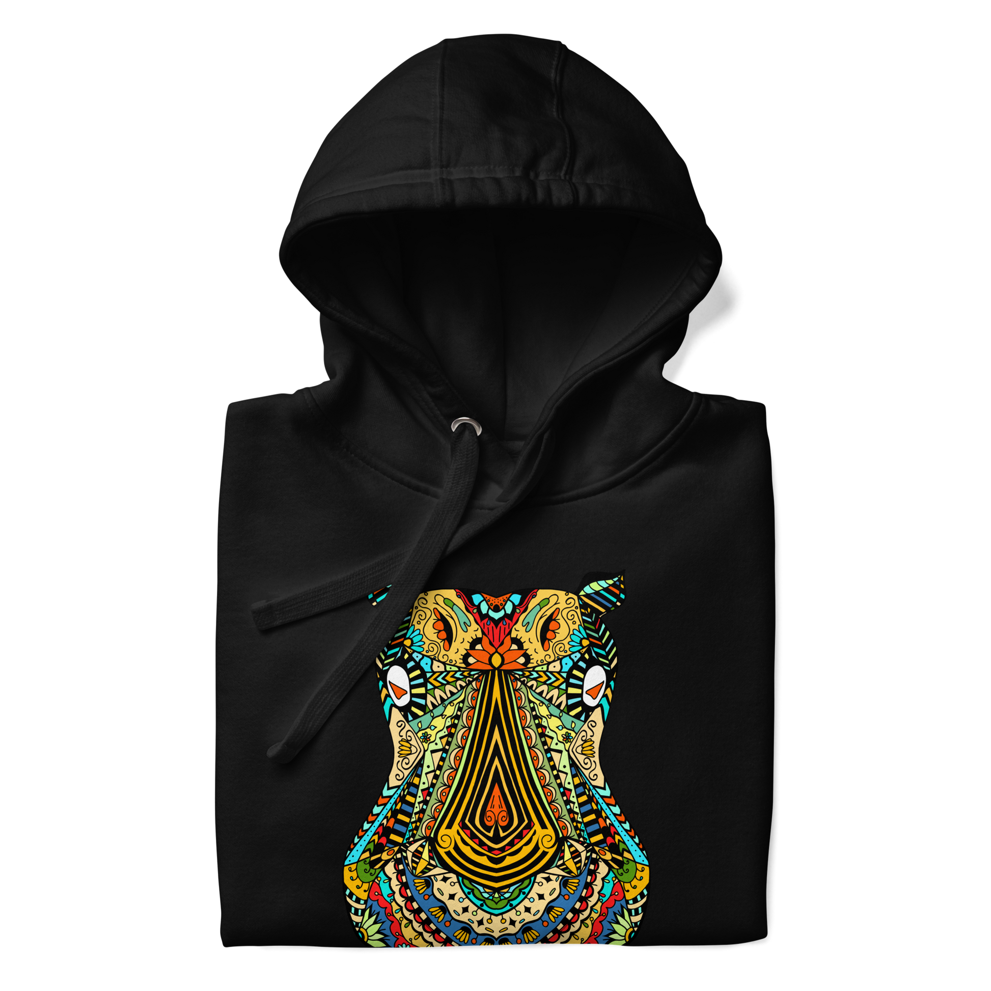 Front details of a Black Premium Hippo Hoodie featuring a vibrant Zentangle Hippo graphic on the chest - Cool Graphic Hippo Hoodies - Boozy Fox