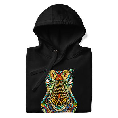 Front details of a Black Premium Hippo Hoodie featuring a vibrant Zentangle Hippo graphic on the chest - Cool Graphic Hippo Hoodies - Boozy Fox