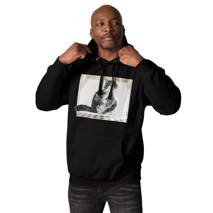 Man wearing a Black Premium Cat Hoodie featuring a majestic Royal Cat graphic on the chest - Cool Graphic Cat Hoodies - Boozy Fox
