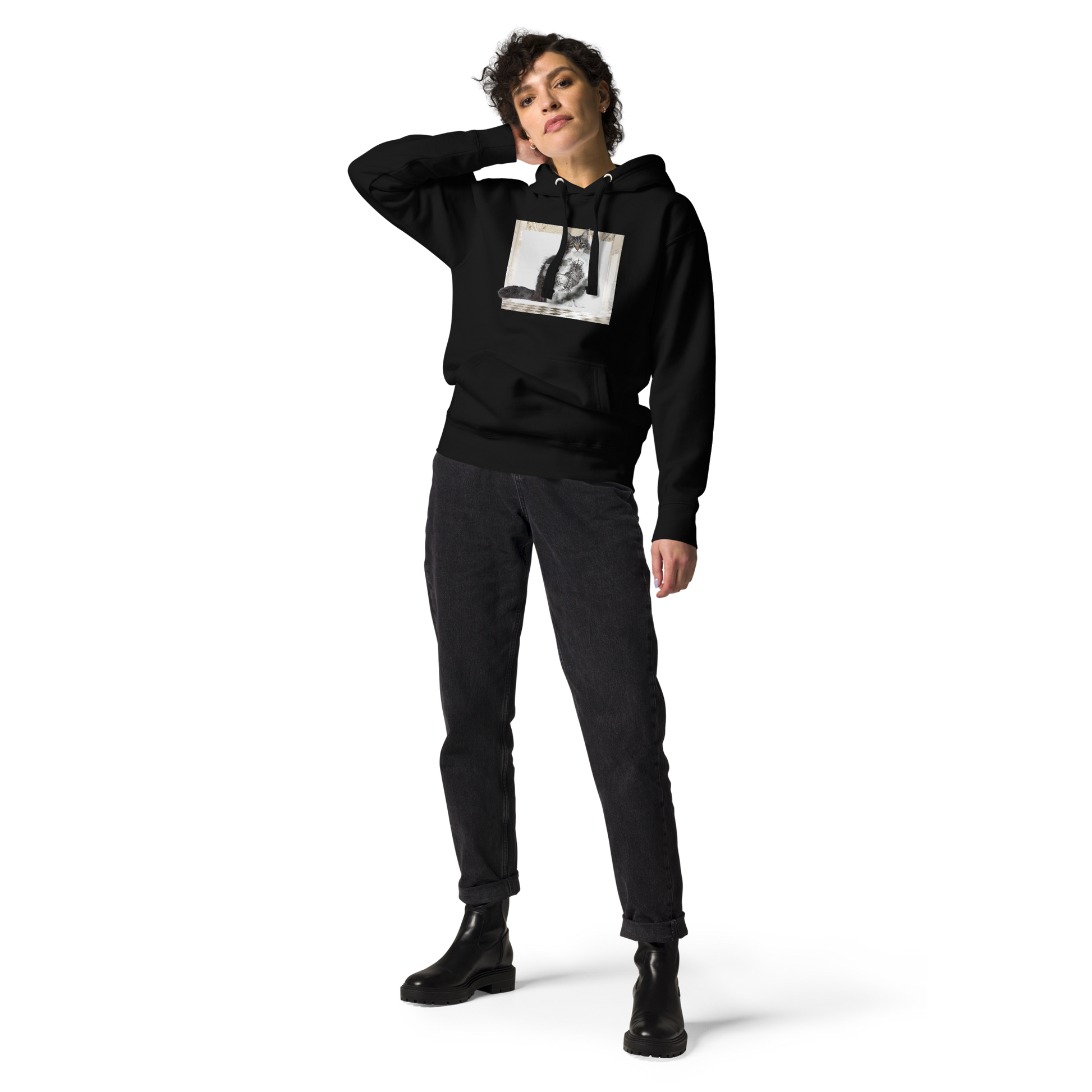 Woman wearing a Black Premium Cat Hoodie featuring a majestic Royal Cat graphic on the chest - Cool Graphic Cat Hoodies - Boozy Fox