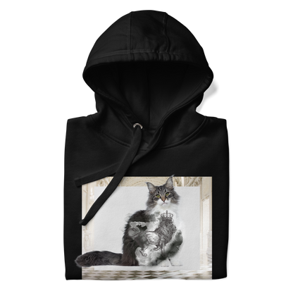 Front details of a Black Premium Cat Hoodie featuring a majestic Royal Cat graphic on the chest - Cool Graphic Cat Hoodies - Boozy Fox