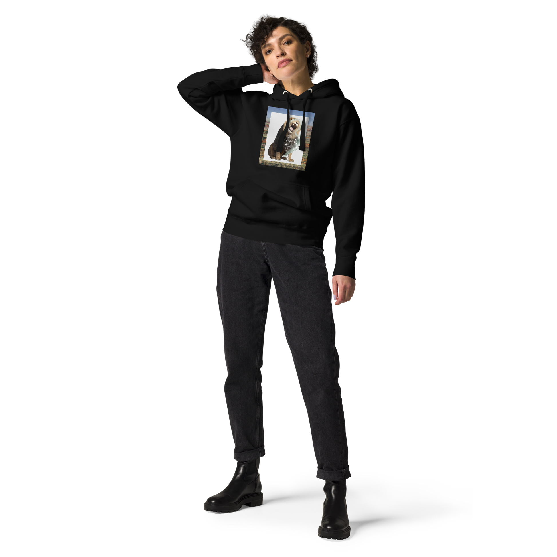 Woman wearing a Black Premium Lion Hoodie featuring a fierce Roaring Lion graphic on the chest - Cool Graphic Lion Hoodies - Boozy Fox