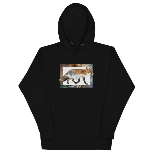 Black Premium Space Fox Hoodie featuring a cosmic Space Fox graphic on the chest - Cool Graphic Fox Hoodies - Boozy Fox