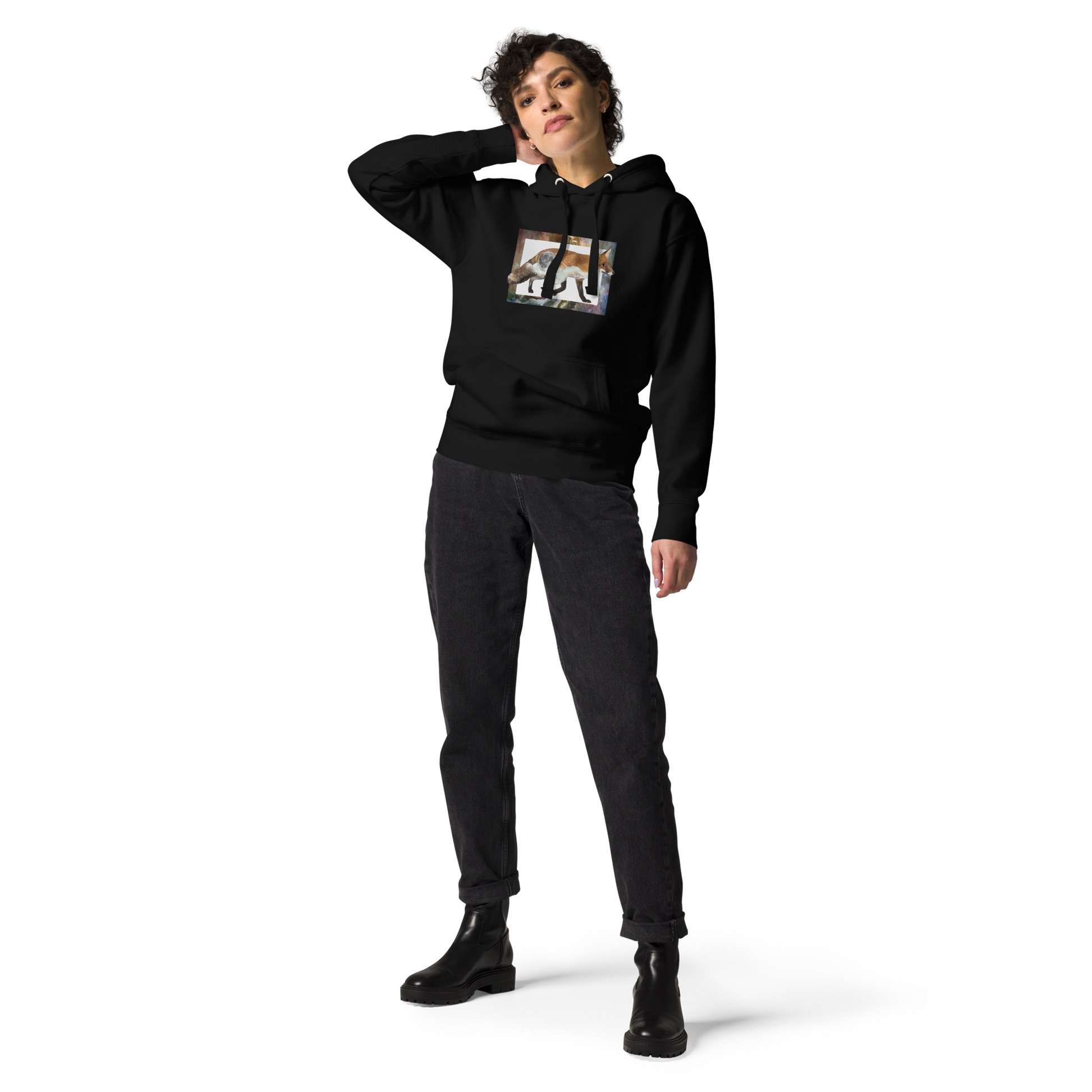 Woman wearing a Black Space Fox Premium Hoodie - Boozy Fox