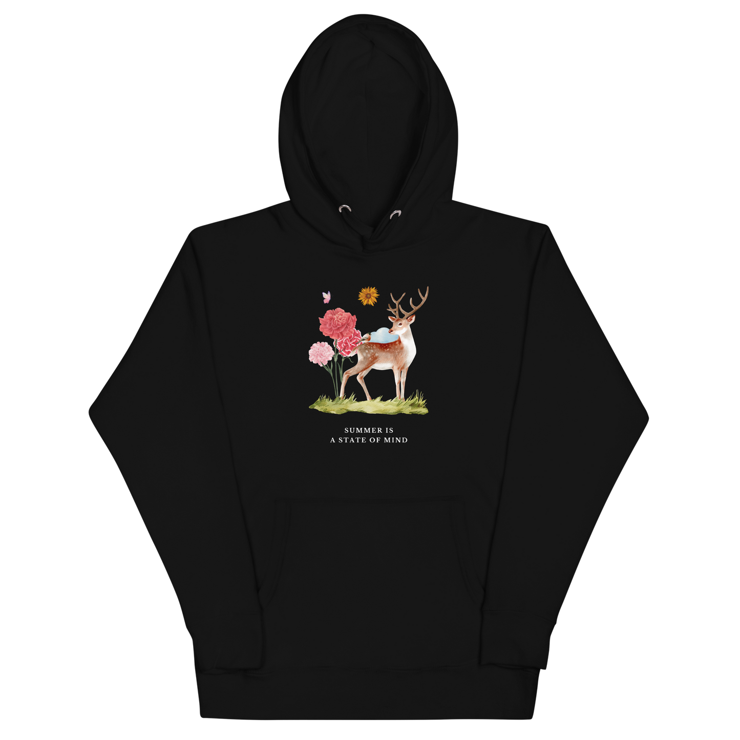 Black Premium Summer Is a State of Mind Hoodie showcasing a Summer Is a State of Mind graphic on the chest - Cute Graphic Summer Hoodies - Boozy Fox