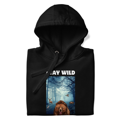 Front details of a Black Premium Bear Hoodie featuring a Stay Wild graphic on the chest - Cool Graphic Bear Hoodies - Boozy Fox