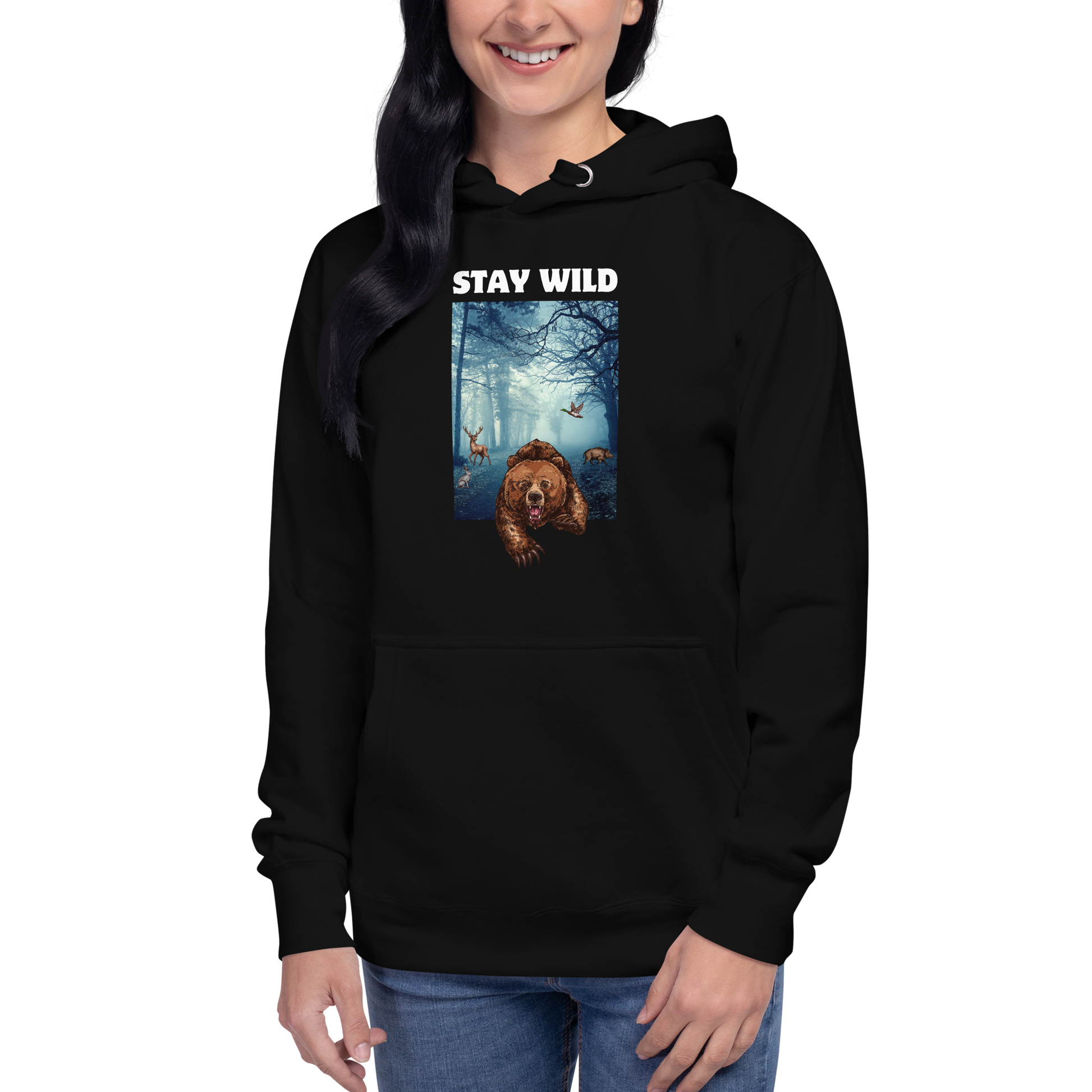 Woman wearing a Black Premium Bear Hoodie featuring a Stay Wild graphic on the chest - Cool Graphic Bear Hoodies - Boozy Fox