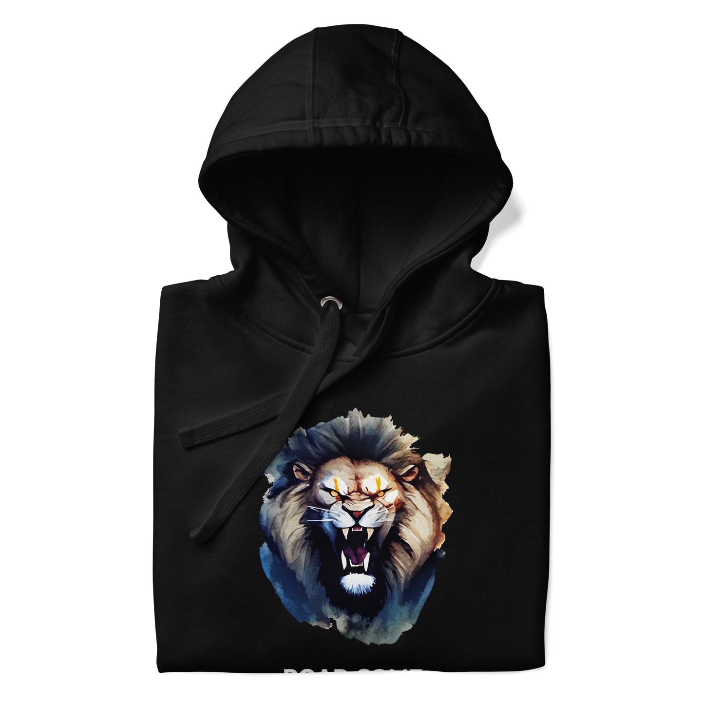 Front details of a black Roar-Some Lion Premium Hoodie - Boozy Fox