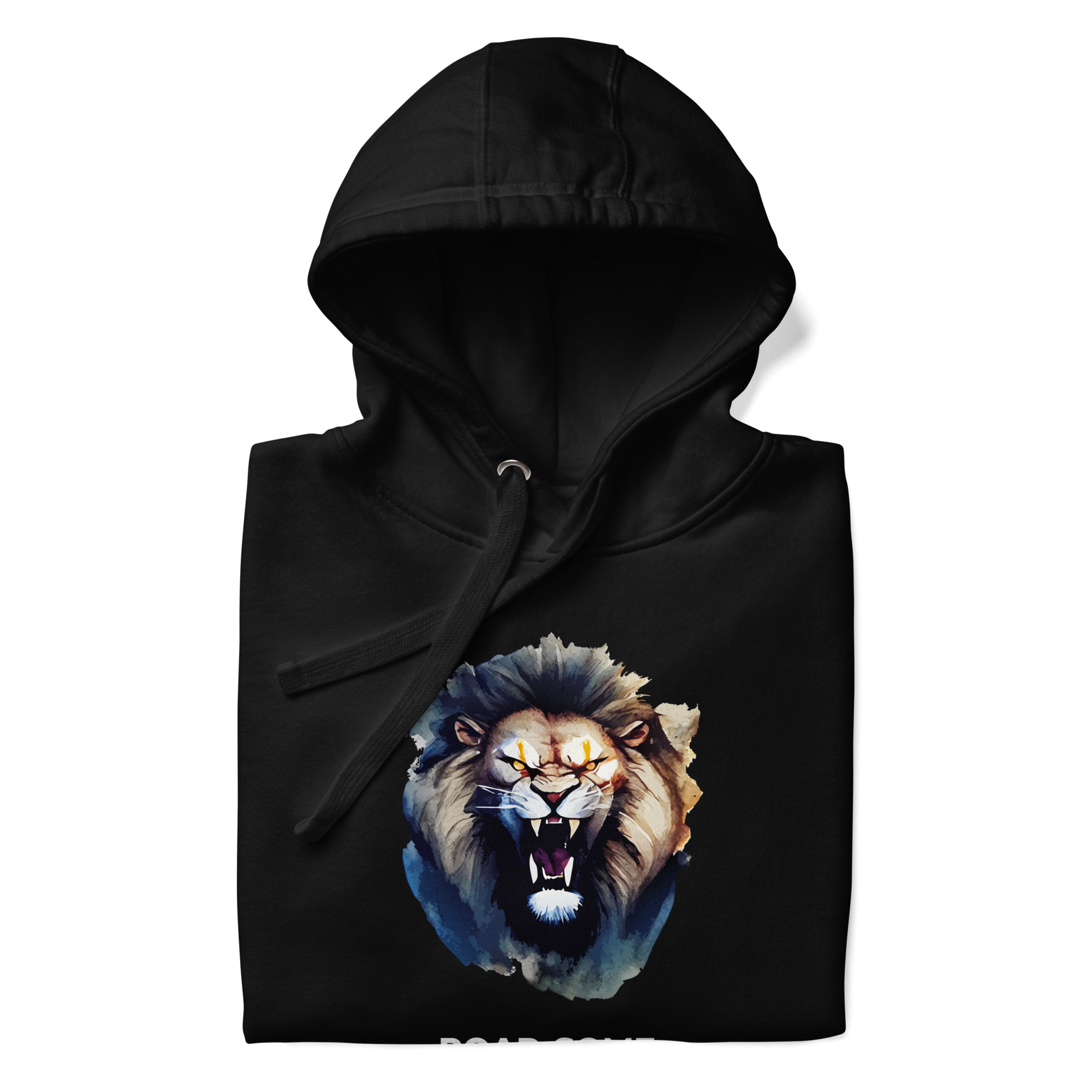 Front details of a black Roar-Some Lion Premium Hoodie - Boozy Fox