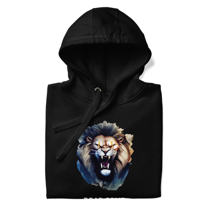 Front details of a black Roar-Some Lion Premium Hoodie - Boozy Fox