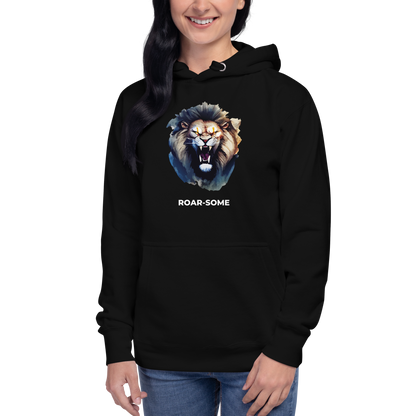 Woman wearing a Black Roar-Some Lion Premium Hoodie - Boozy Fox