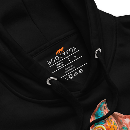 Product details of a Black Premium Chameleon Hoodie featuring a vibrant Chameleon With A Lollipop graphic on the chest - Cool Graphic Chameleon Hoodies - Boozy Fox