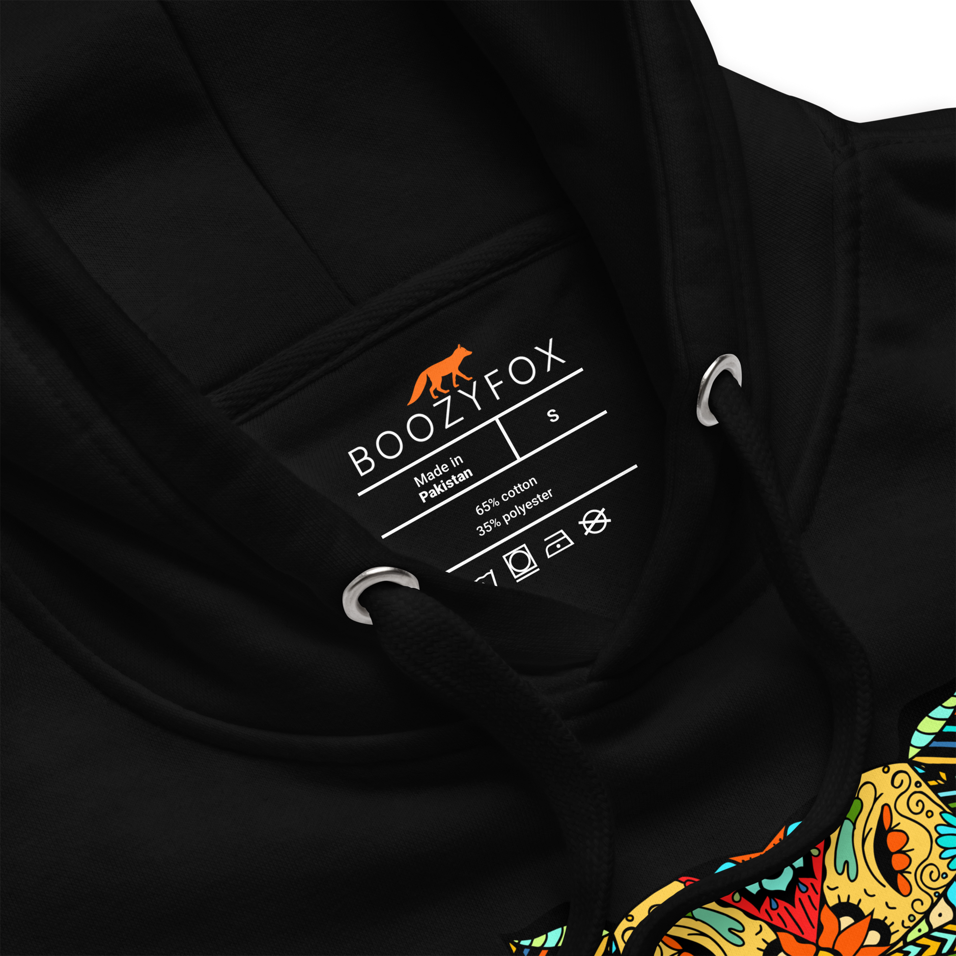 Product details of a Black Premium Hippo Hoodie featuring a vibrant Zentangle Hippo graphic on the chest - Cool Graphic Hippo Hoodies - Boozy Fox