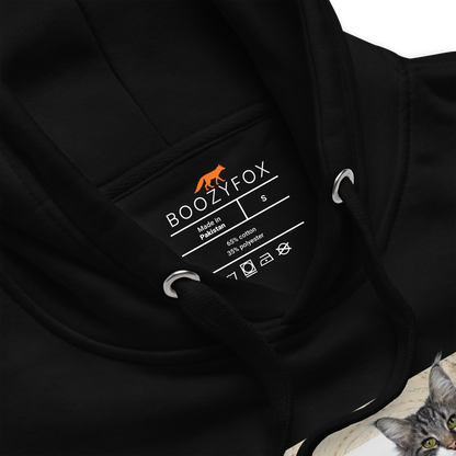 Product details of a Black Premium Cat Hoodie featuring a majestic Royal Cat graphic on the chest - Cool Graphic Cat Hoodies - Boozy Fox