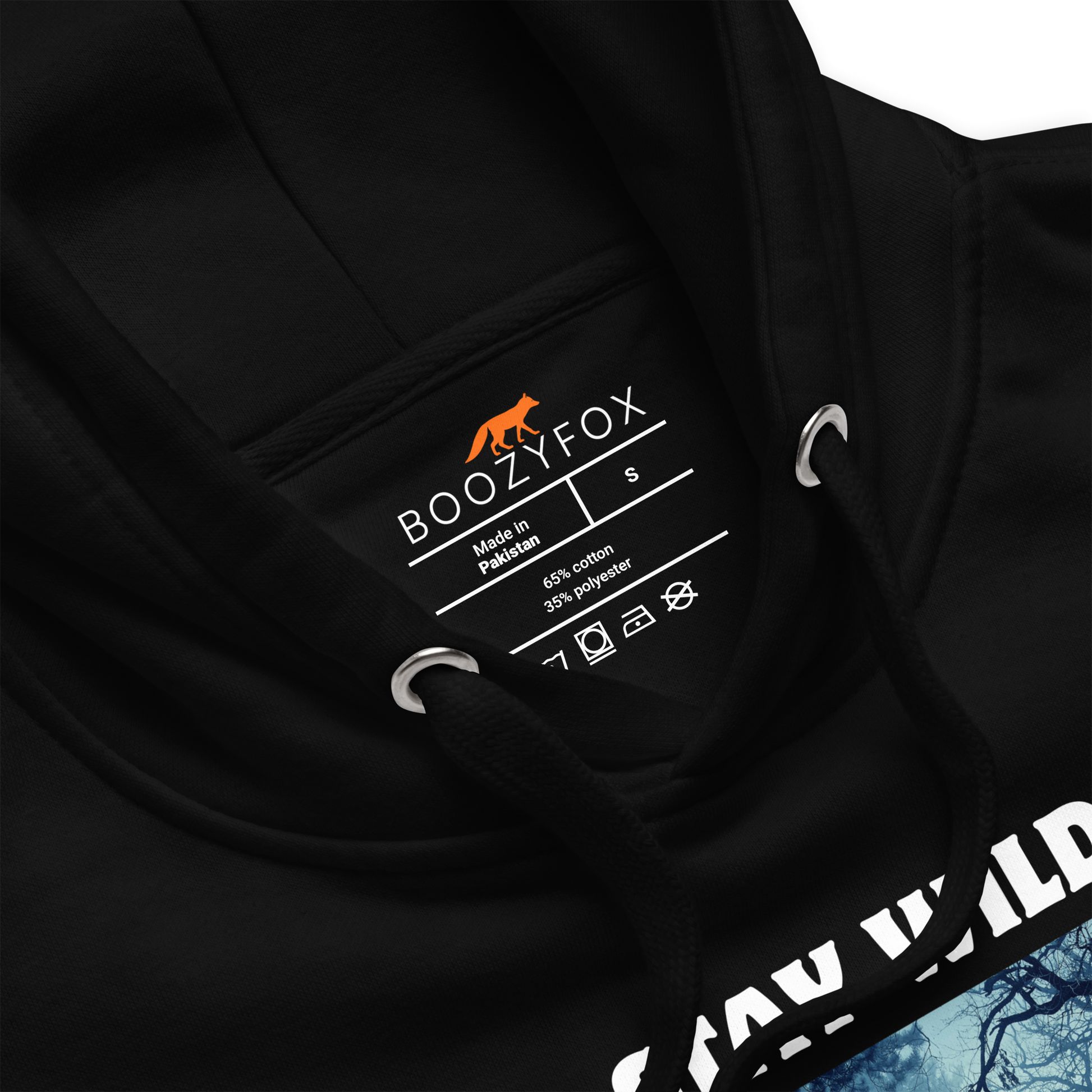 Product details of a Black Premium Bear Hoodie featuring a Stay Wild graphic on the chest - Cool Graphic Bear Hoodies - Boozy Fox