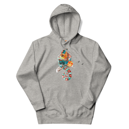 Carbon Grey Premium Chameleon Hoodie featuring a vibrant Chameleon With A Lollipop graphic on the chest - Cool Graphic Chameleon Hoodies - Boozy Fox