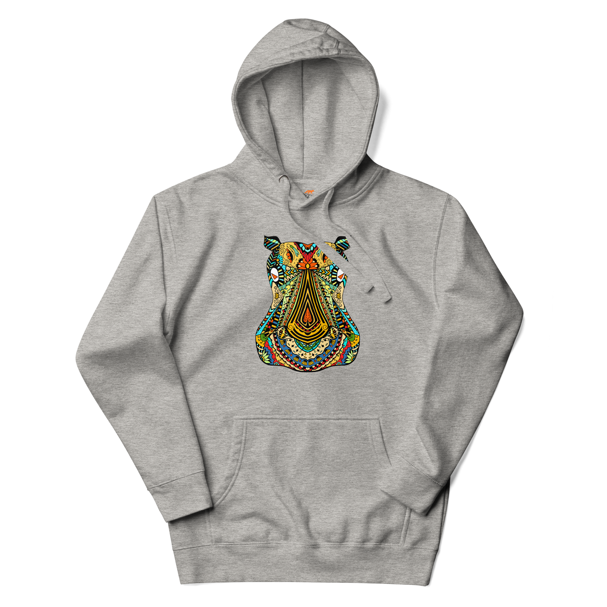 Carbon Grey Premium Hippo Hoodie featuring a vibrant Zentangle Hippo graphic on the chest - Cool Graphic Hippo Hoodies - Boozy Fox